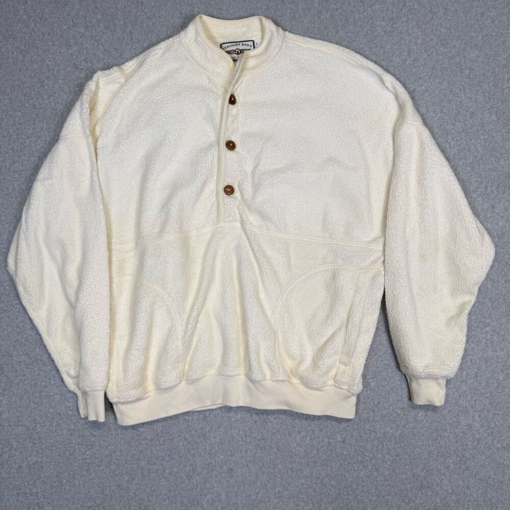Straight Down Men's Large Plush White Pullover Sweater Button Down Made in USA